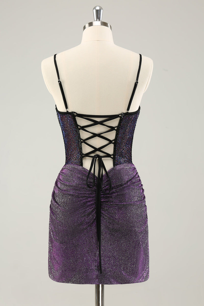 Load image into Gallery viewer, Dark Purple Spaghetti Straps Corset Glitter Short Graduation Dress