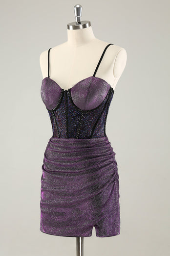 Dark Purple Spaghetti Straps Corset Glitter Short Graduation Dress