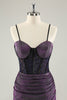 Load image into Gallery viewer, Dark Purple Spaghetti Straps Corset Glitter Short Graduation Dress