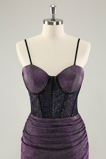 Dark Purple Spaghetti Straps Corset Glitter Short Graduation Dress