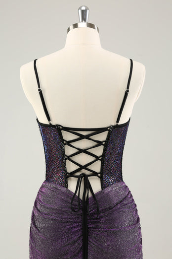 Dark Purple Spaghetti Straps Corset Glitter Short Graduation Dress