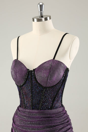 Dark Purple Spaghetti Straps Corset Glitter Short Graduation Dress