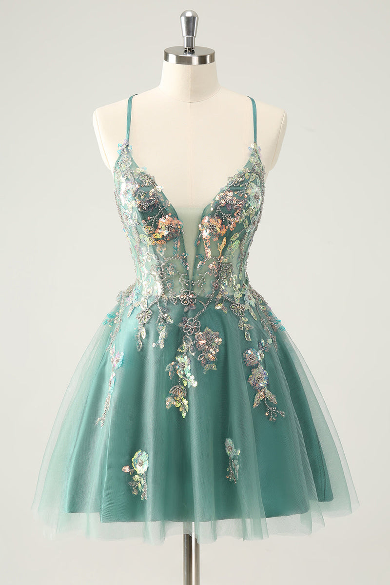 Load image into Gallery viewer, Grey Green A Line Glitter Sequins Spaghetti Straps Graduation Dress