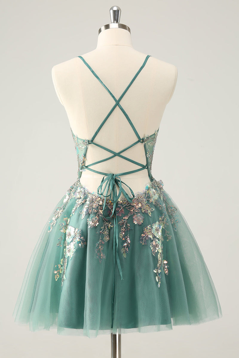 Load image into Gallery viewer, Grey Green A Line Glitter Sequins Spaghetti Straps Graduation Dress