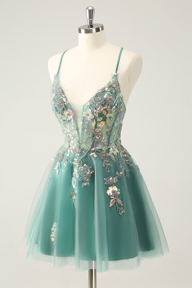 Load image into Gallery viewer, Grey Green A Line Glitter Sequins Spaghetti Straps Graduation Dress