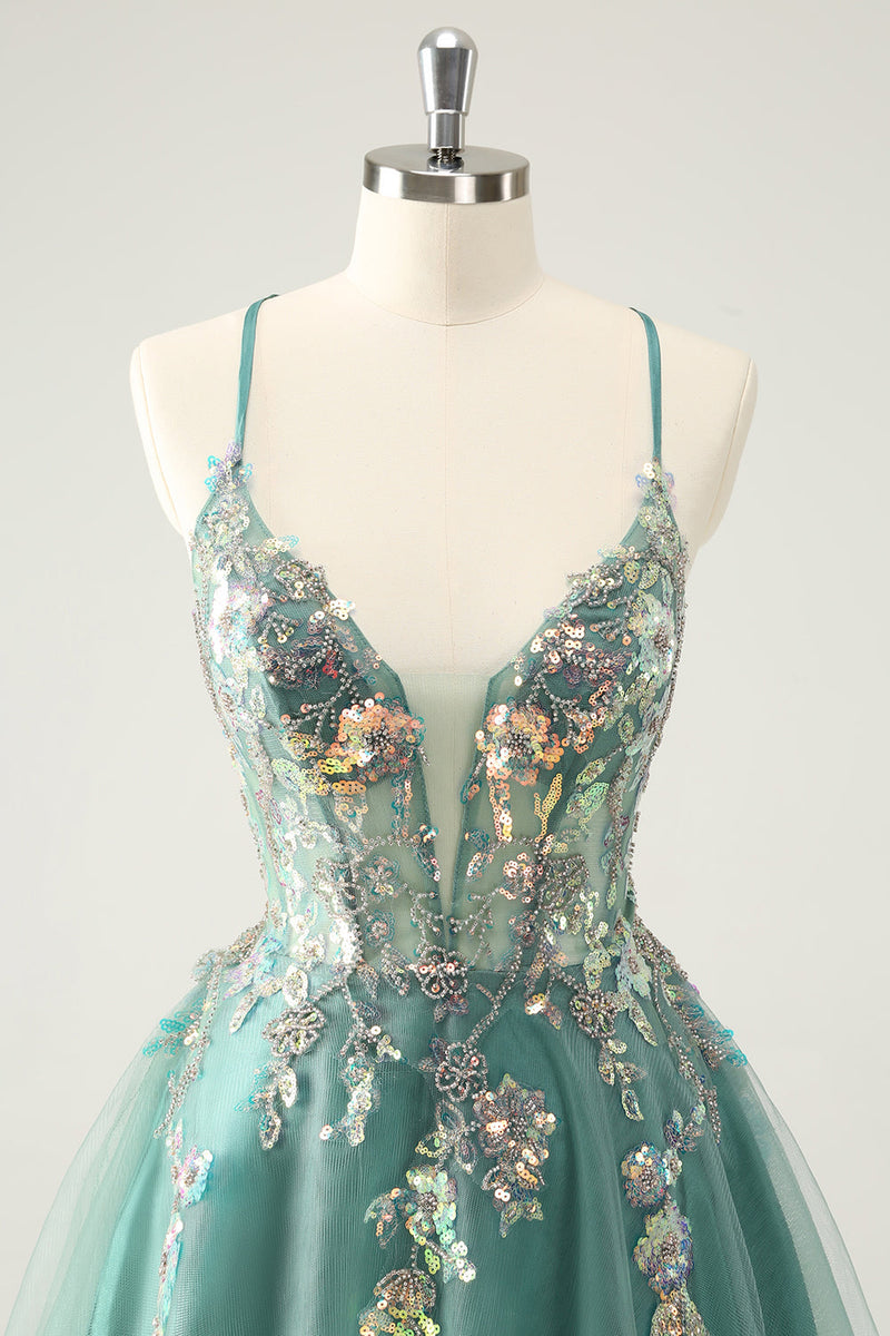 Load image into Gallery viewer, Grey Green A Line Glitter Sequins Spaghetti Straps Graduation Dress