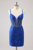 Load image into Gallery viewer, Sparkly Royal Blue Spaghetti Straps Corset Tight Graduation Dress with Sequins