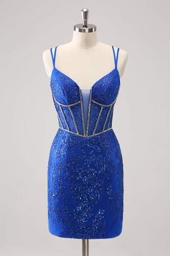 Sparkly Royal Blue Spaghetti Straps Corset Tight Graduation Dress with Sequins