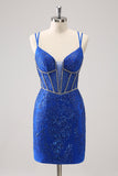 Sparkly Royal Blue Spaghetti Straps Corset Tight Graduation Dress with Sequins