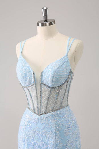 Sparkly Royal Blue Spaghetti Straps Corset Tight Graduation Dress with Sequins