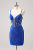 Load image into Gallery viewer, Sparkly Royal Blue Spaghetti Straps Corset Tight Graduation Dress with Sequins