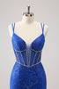 Load image into Gallery viewer, Sparkly Royal Blue Spaghetti Straps Corset Tight Graduation Dress with Sequins