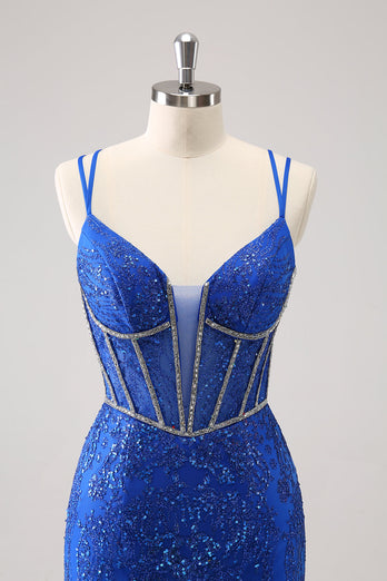 Sparkly Royal Blue Spaghetti Straps Corset Tight Graduation Dress with Sequins