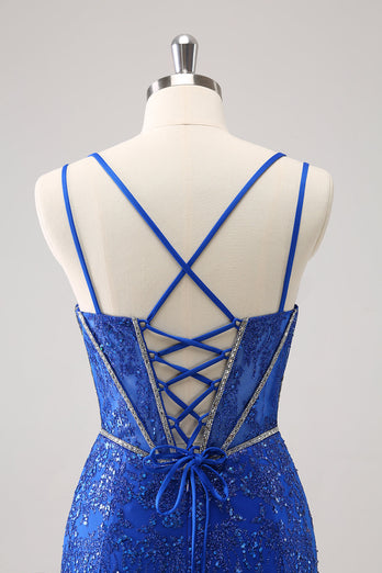 Sparkly Royal Blue Spaghetti Straps Corset Tight Graduation Dress with Sequins