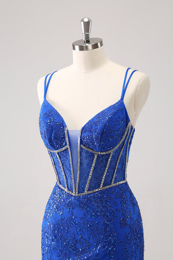 Sparkly Royal Blue Spaghetti Straps Corset Tight Graduation Dress with Sequins