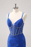 Sparkly Royal Blue Spaghetti Straps Corset Tight Graduation Dress with Sequins