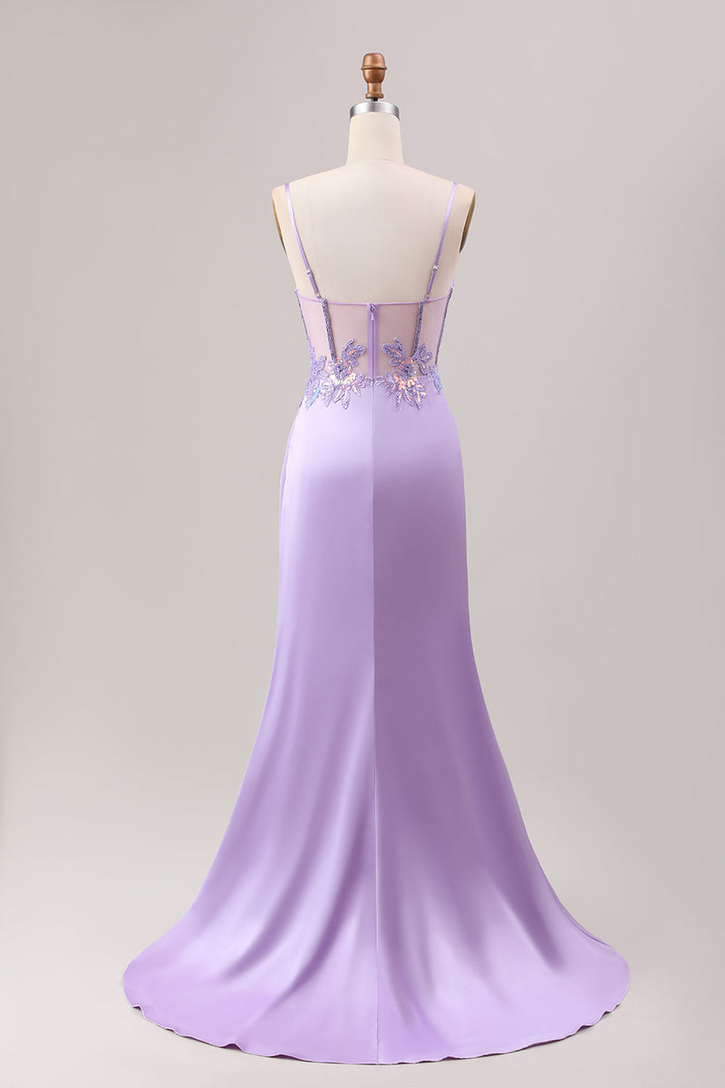 Load image into Gallery viewer, Stylish Lilac Mermaid Pleated Sequin Corset Long Prom Dress With Slit
