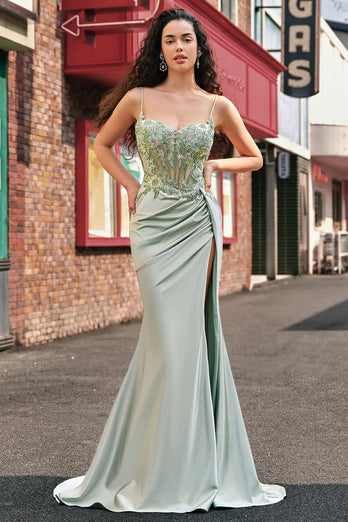 Stylish Sage Mermaid Pleated Sequin Corset Long Prom Dress With High Slit