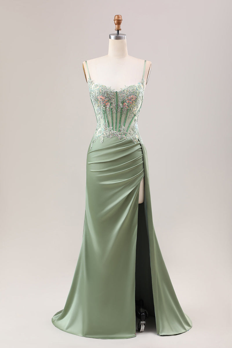 Load image into Gallery viewer, Stylish Sage Mermaid Pleated Sequin Corset Long Prom Dress With High Slit