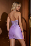 Lilac Corset Short Bodycon Graduation Dress with Floral Embroidery