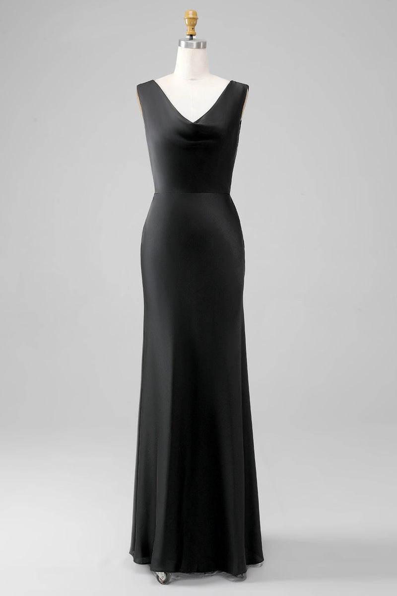 Load image into Gallery viewer, Black Mermaid Cowl Neck Satin Long Bridesmaid Dress
