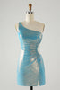 Load image into Gallery viewer, Blue Bodycon One Shoulder Satin Short Graduation Dress with Slit