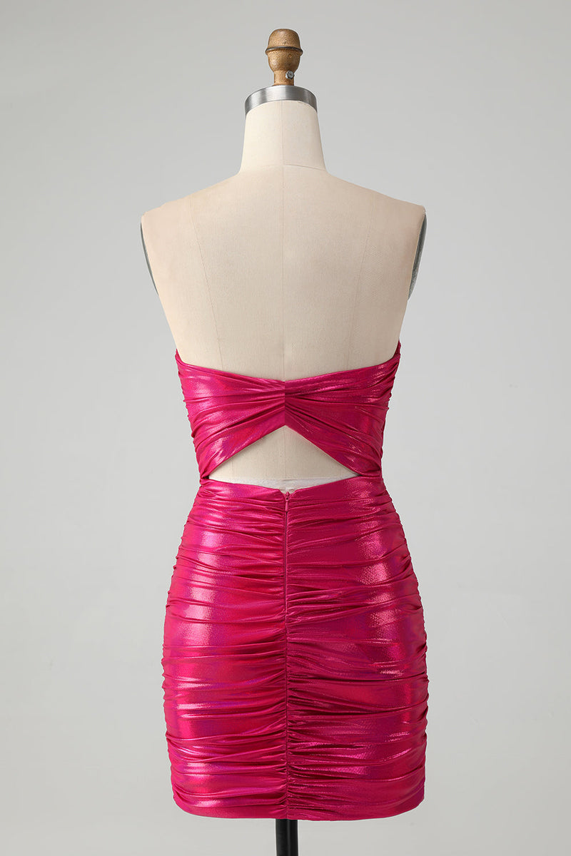 Load image into Gallery viewer, Chic Fuchsia Strapless Keyhole Pleated Tight Graduation Dress