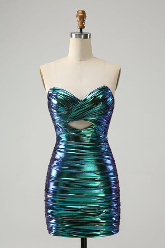 Sparkly Teal Blue Bodycon Sweetheart Ruched Short Graduation Dress