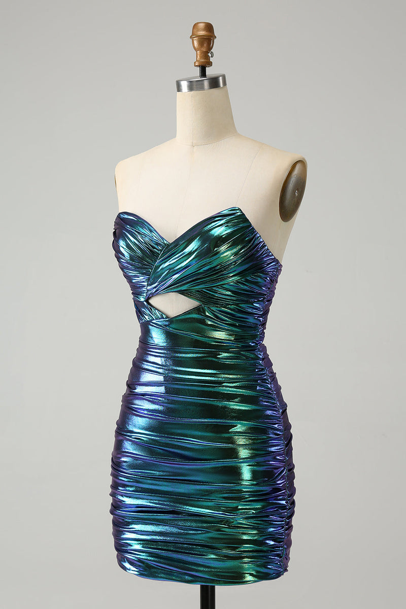 Load image into Gallery viewer, Sparkly Teal Blue Bodycon Sweetheart Ruched Short Graduation Dress