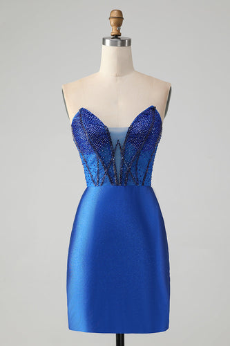 Sparkly Royal Blue Tight Strapless Short Graduation Dress with Beading