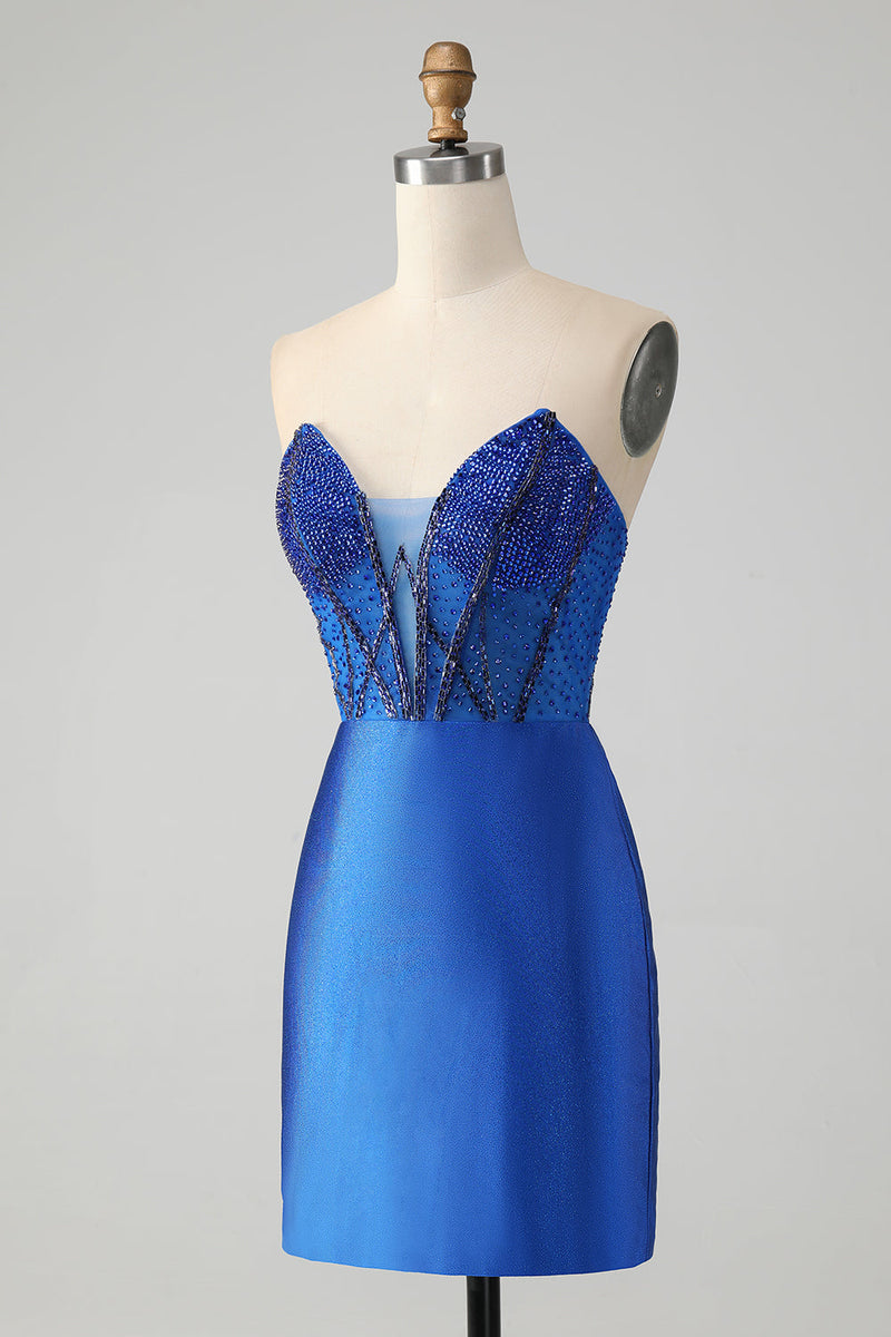 Load image into Gallery viewer, Sparkly Royal Blue Tight Strapless Short Graduation Dress with Beading