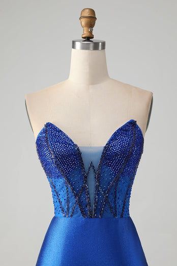 Sparkly Royal Blue Tight Strapless Short Graduation Dress with Beading