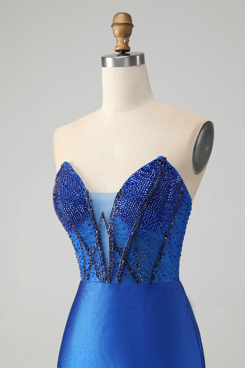 Load image into Gallery viewer, Sparkly Royal Blue Tight Strapless Short Graduation Dress with Beading