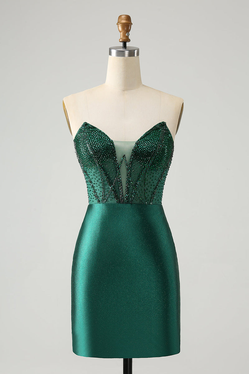 Load image into Gallery viewer, Dark Green Bodycon Strapless Corset Short Graduation Dress