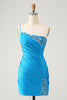 Load image into Gallery viewer, Blue Bodycon One Shoulder Ruched Satin Graduation Dress with Sequins