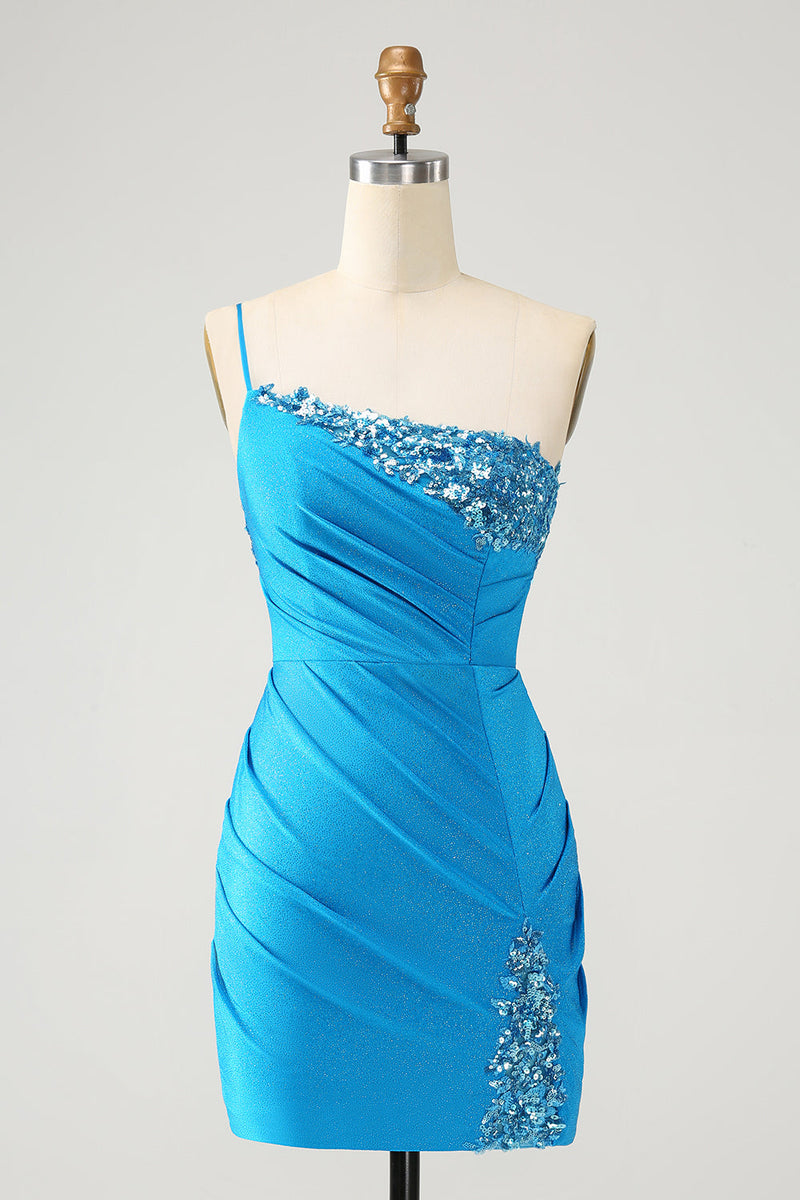 Load image into Gallery viewer, Blue Bodycon One Shoulder Ruched Satin Graduation Dress with Sequins