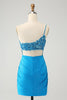 Load image into Gallery viewer, Blue Bodycon One Shoulder Ruched Satin Graduation Dress with Sequins