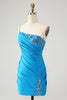 Load image into Gallery viewer, Blue Bodycon One Shoulder Ruched Satin Graduation Dress with Sequins