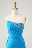 Blue Bodycon One Shoulder Ruched Satin Graduation Dress with Sequins