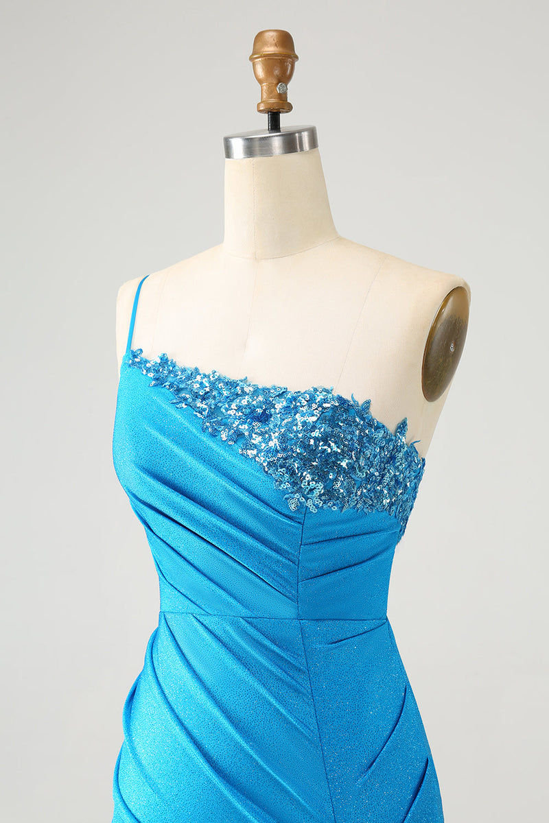 Load image into Gallery viewer, Blue Bodycon One Shoulder Ruched Satin Graduation Dress with Sequins