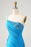 Blue Bodycon One Shoulder Ruched Satin Graduation Dress with Sequins