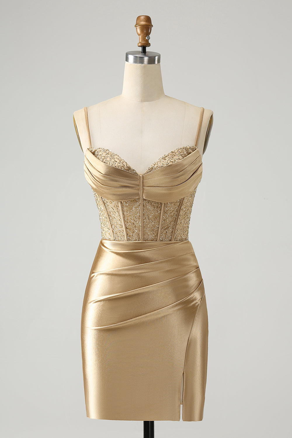 Golden Spaghetti Straps Bodycon Corset Satin Graduation Dress with Slit