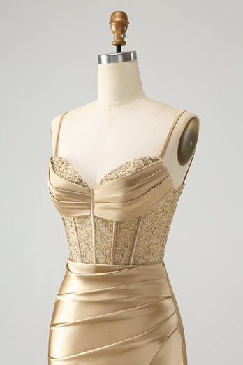 Golden Spaghetti Straps Bodycon Corset Satin Graduation Dress with Slit