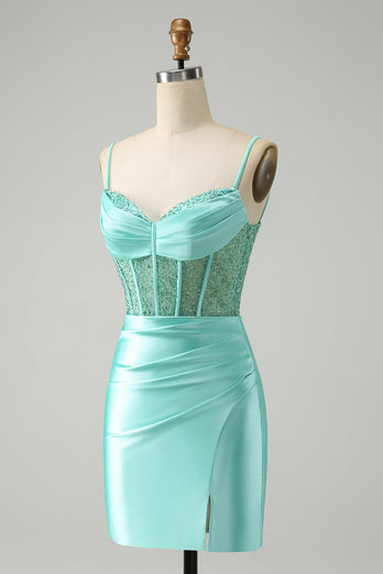 Light Green Spaghetti Straps Bodycon Corset Satin Graduation Dress with Slit