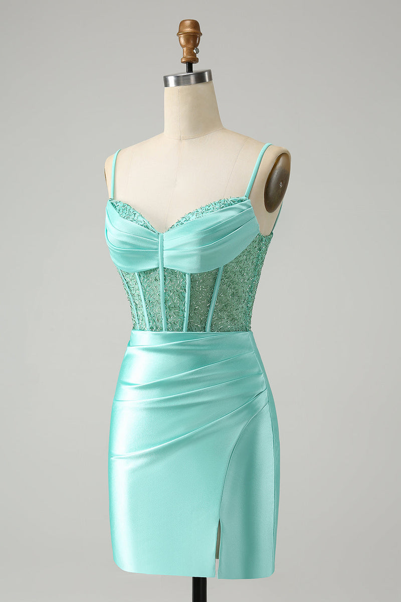 Load image into Gallery viewer, Light Green Spaghetti Straps Bodycon Corset Satin Graduation Dress with Slit