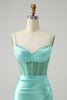 Load image into Gallery viewer, Light Green Spaghetti Straps Bodycon Corset Satin Graduation Dress with Slit