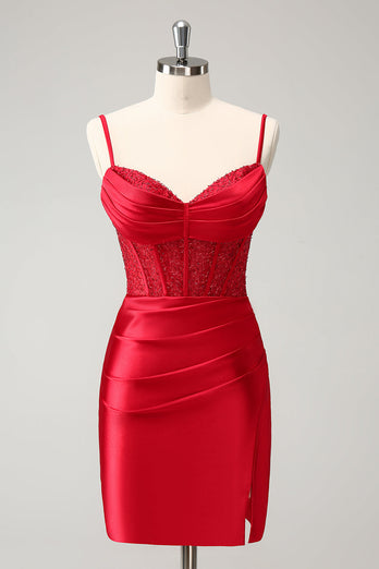 Stylish Red Bodycon Spaghetti Straps Corset Satin Graduation Dress with Slit