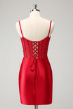 Stylish Red Bodycon Spaghetti Straps Corset Satin Graduation Dress with Slit