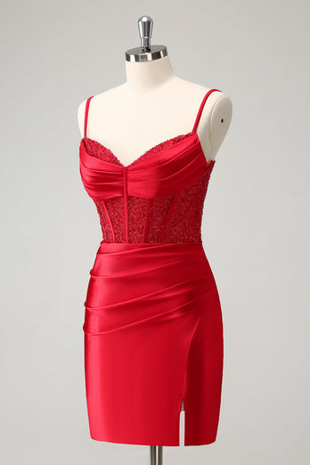 Stylish Red Bodycon Spaghetti Straps Corset Satin Graduation Dress with Slit