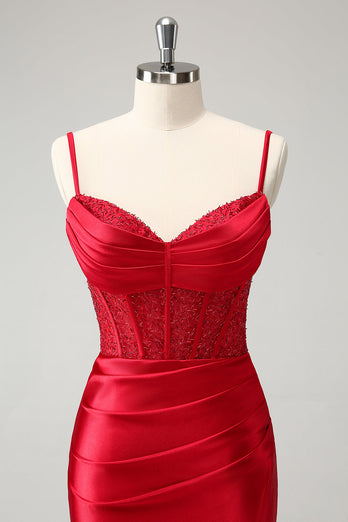 Stylish Red Bodycon Spaghetti Straps Corset Satin Graduation Dress with Slit